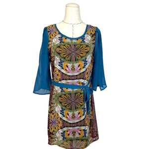 Yoyo 5 PRINT DRESS BLUE‎ SLEEVES TIE WAIST 3/4 SLEEVES WOMENS SIZE